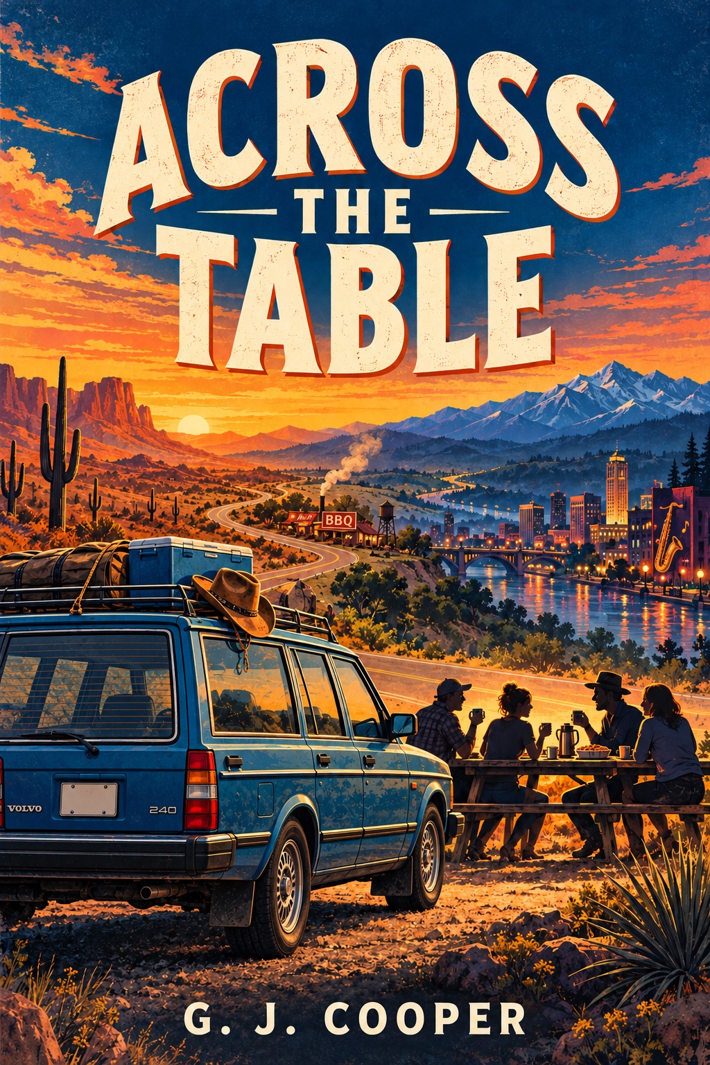 Cover of Across the Table by G.J. Cooper, showing friends on a cross-country road trip at sunset