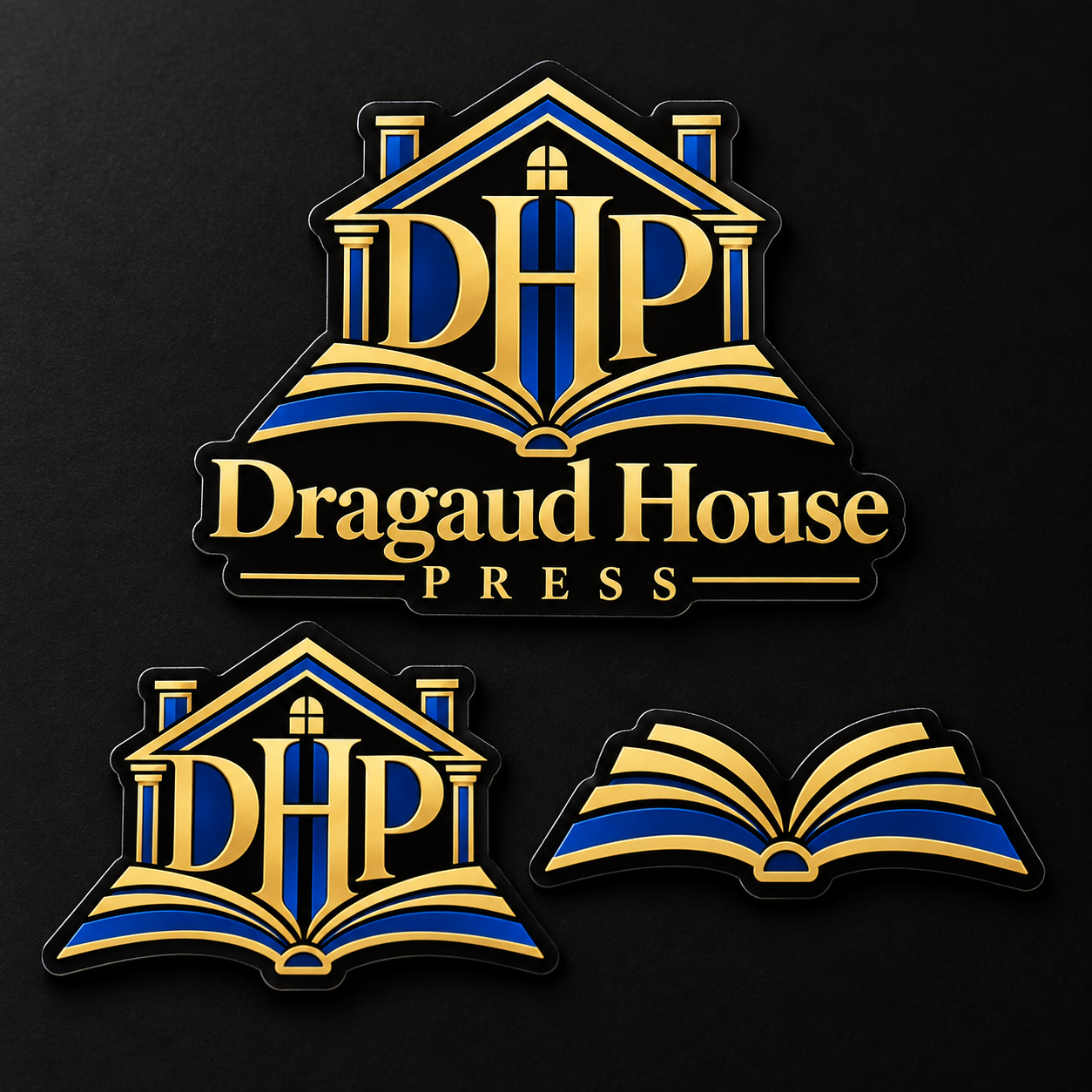 Blue-and-gold Dragaud House Press sticker concepts